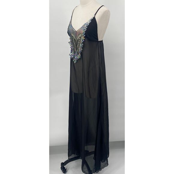 Vintage Y2k Iridescent Sequin Butterfly Nightgown Sheer Maxi Black Womens 2/4 - Picture 6 of 12